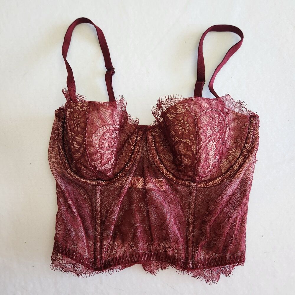 Victoria's Secret Dream Angels Burgandy Red Lace Crochet Top With Boning 32C